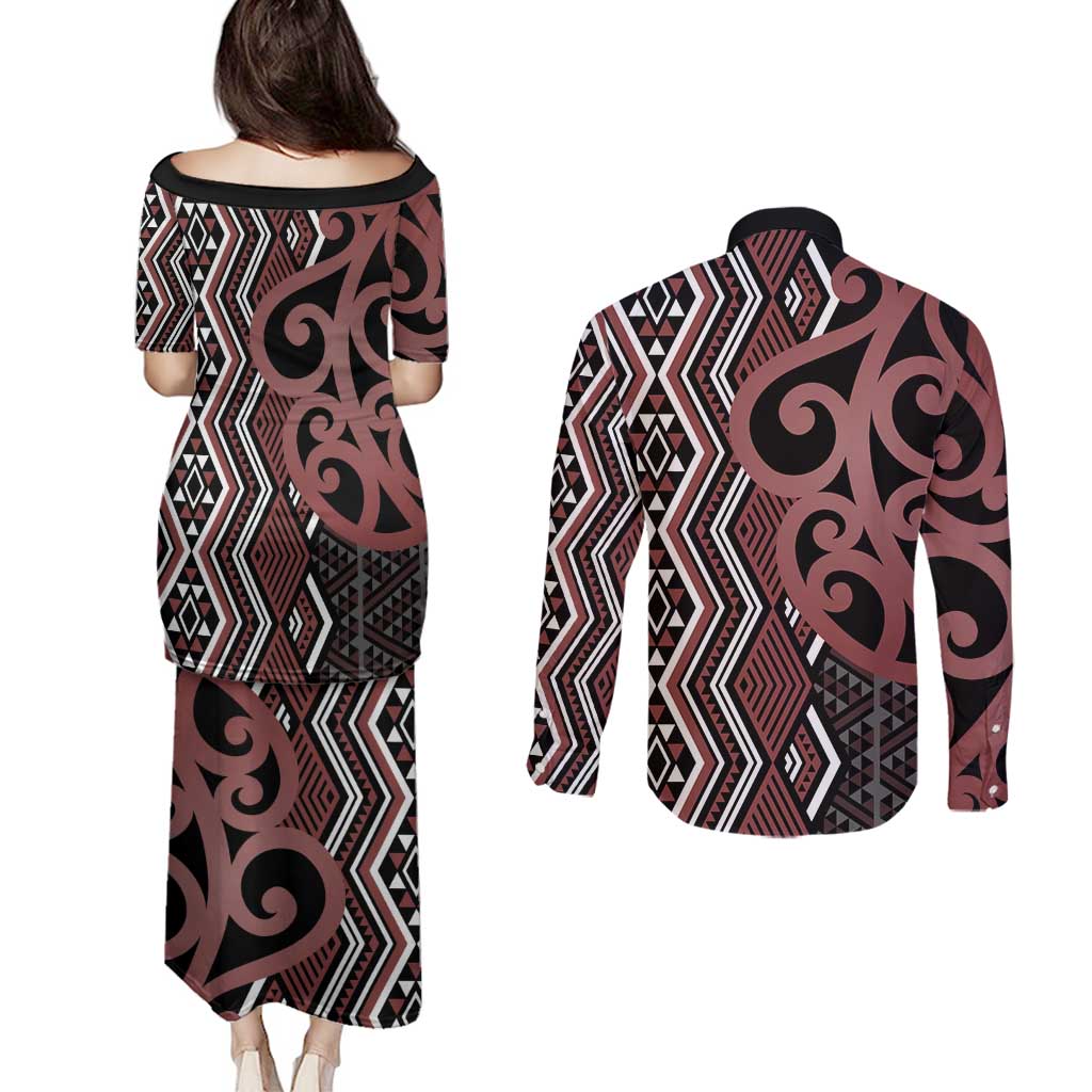 Maori Taniko Patterns Couples Matching Puletasi and Long Sleeve Button Shirt Brown Patiki Motifs Mix Whakairo Ngaru