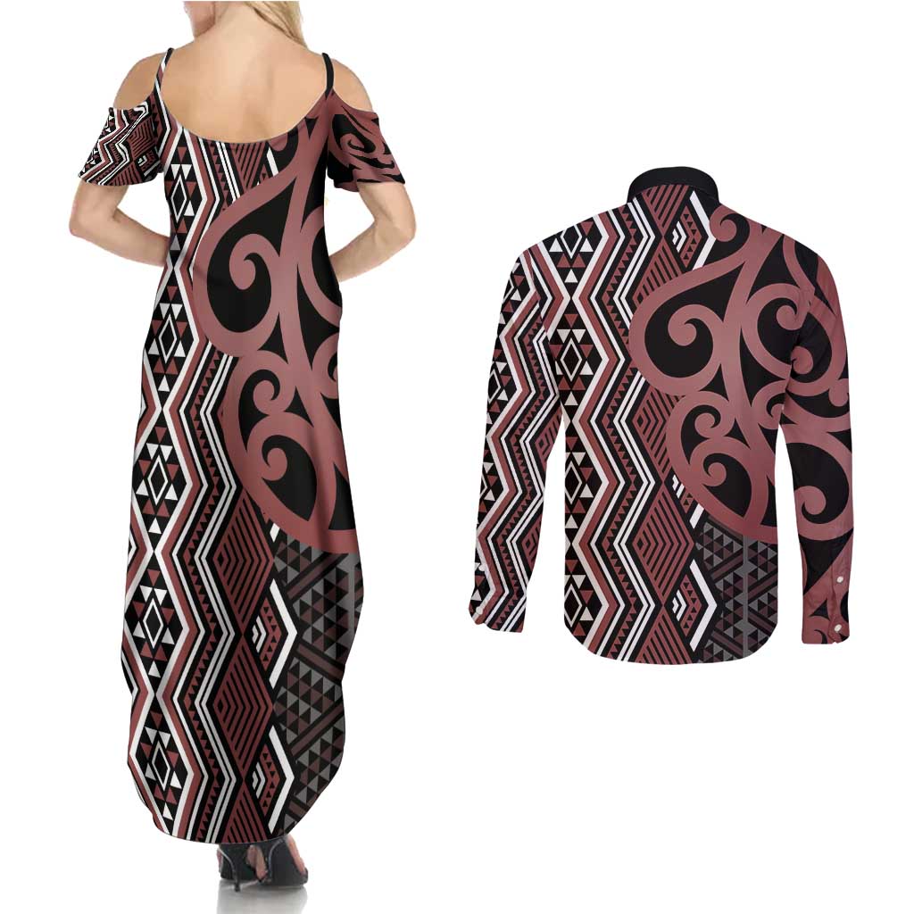 Maori Taniko Patterns Couples Matching Summer Maxi Dress and Long Sleeve Button Shirt Brown Patiki Motifs Mix Whakairo Ngaru