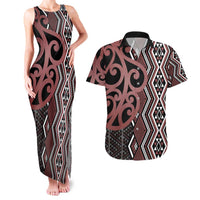 Maori Taniko Patterns Couples Matching Tank Maxi Dress and Hawaiian Shirt Brown Patiki Motifs Mix Whakairo Ngaru