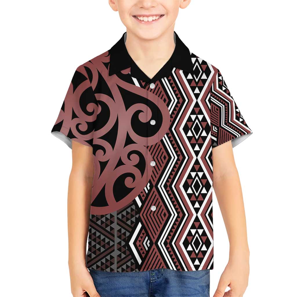 Maori Taniko Patterns Family Matching Long Sleeve Bodycon Dress and Hawaiian Shirt Brown Patiki Motifs Mix Whakairo Ngaru