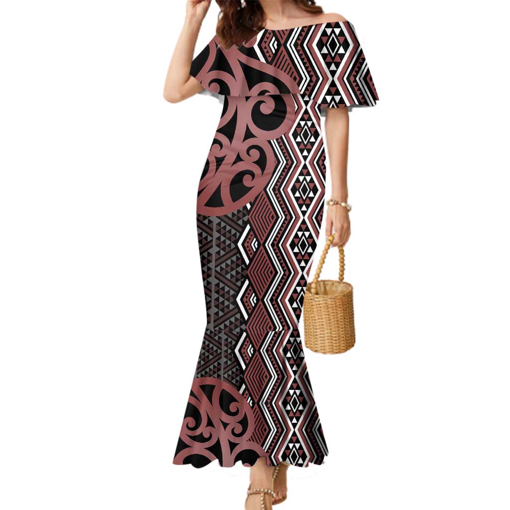 Maori Taniko Patterns Family Matching Mermaid Dress and Hawaiian Shirt Brown Patiki Motifs Mix Whakairo Ngaru