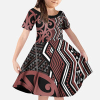 Maori Taniko Patterns Family Matching Off The Shoulder Long Sleeve Dress and Hawaiian Shirt Brown Patiki Motifs Mix Whakairo Ngaru