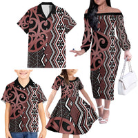 Maori Taniko Patterns Family Matching Off The Shoulder Long Sleeve Dress and Hawaiian Shirt Brown Patiki Motifs Mix Whakairo Ngaru