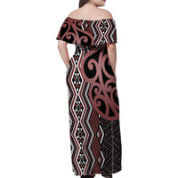 Maori Taniko Patterns Family Matching Off Shoulder Maxi Dress and Hawaiian Shirt Brown Patiki Motifs Mix Whakairo Ngaru