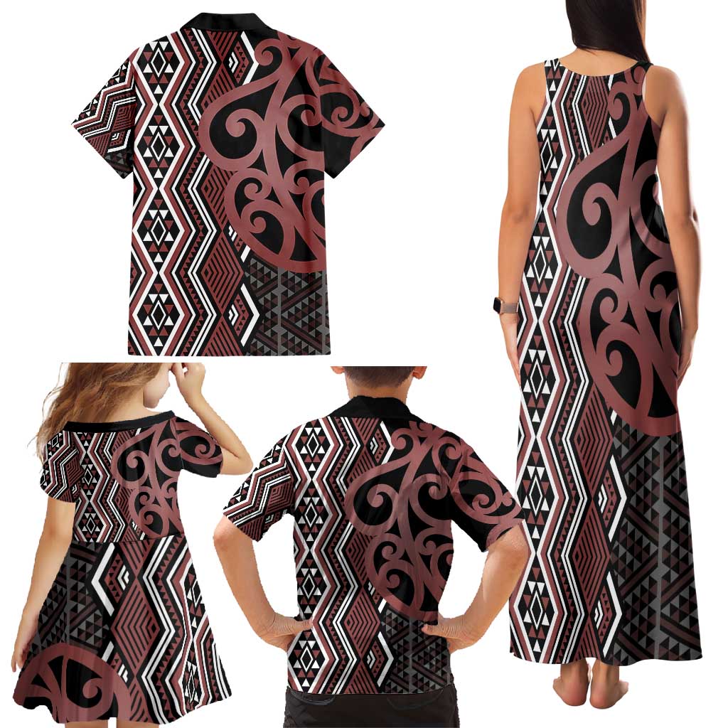 Maori Taniko Patterns Family Matching Tank Maxi Dress and Hawaiian Shirt Brown Patiki Motifs Mix Whakairo Ngaru