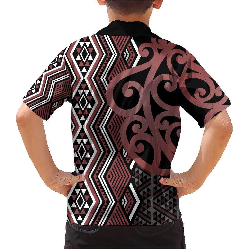 Maori Taniko Patterns Kid Hawaiian Shirt Brown Patiki Motifs Mix Whakairo Ngaru