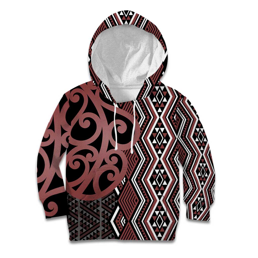 Maori Taniko Patterns Kid Hoodie Brown Patiki Motifs Mix Whakairo Ngaru