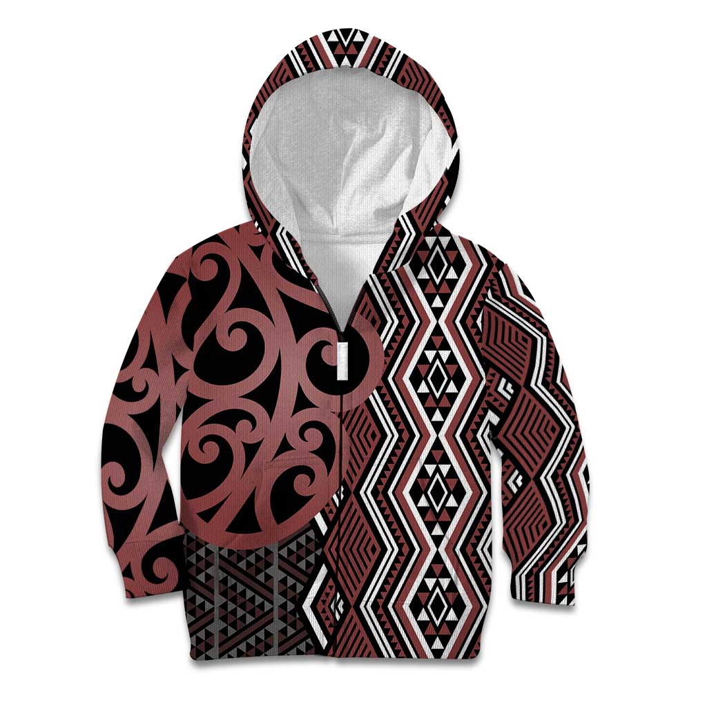 Maori Taniko Patterns Kid Hoodie Brown Patiki Motifs Mix Whakairo Ngaru