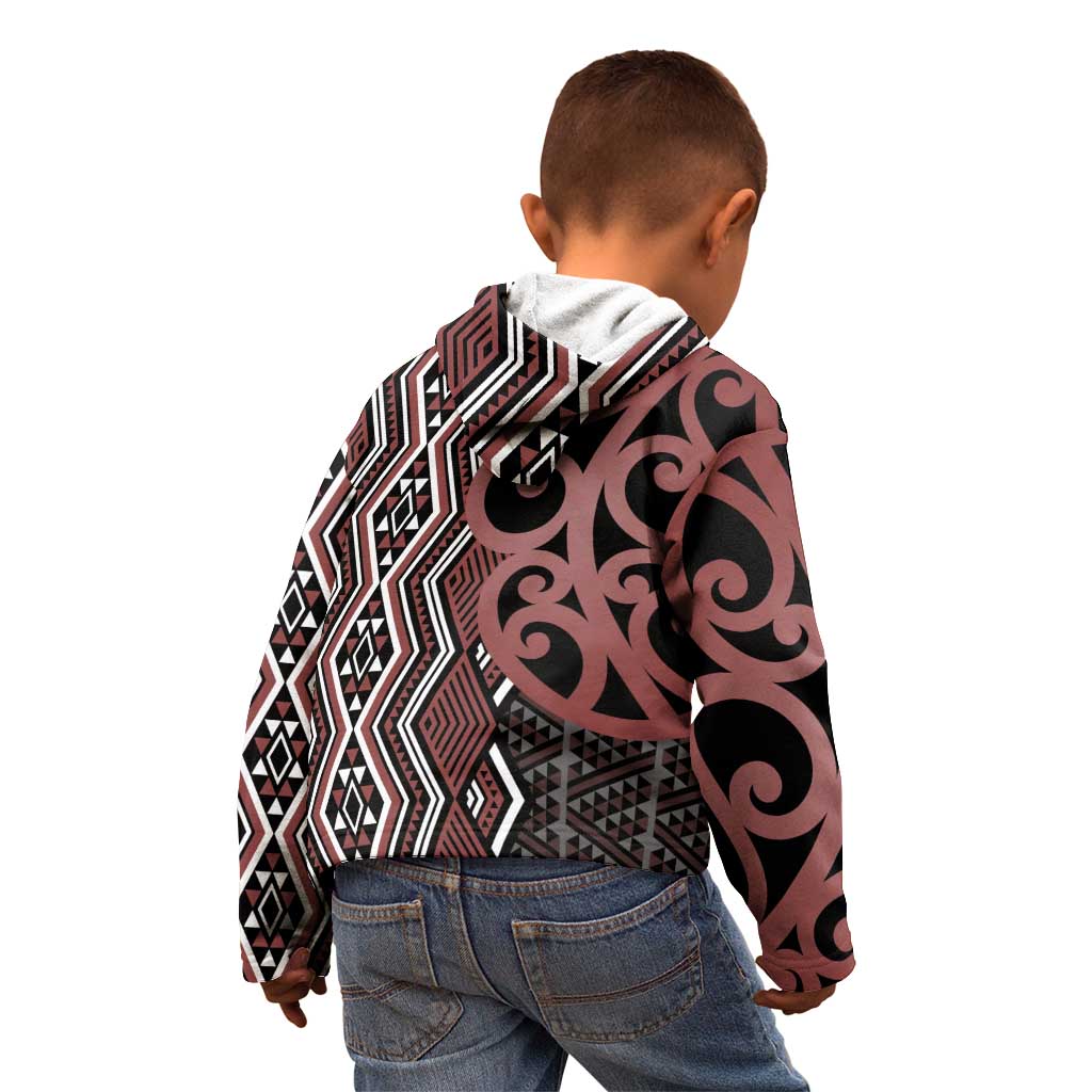 Maori Taniko Patterns Kid Hoodie Brown Patiki Motifs Mix Whakairo Ngaru