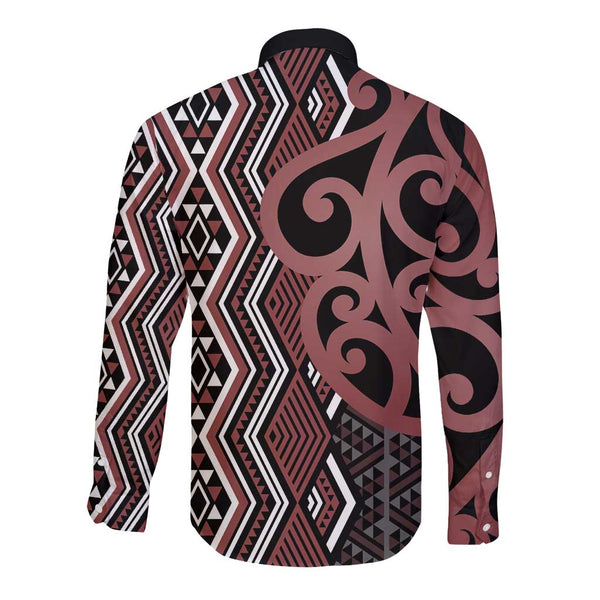 Maori Taniko Patterns Long Sleeve Button Shirt Brown Patiki Motifs Mix ...