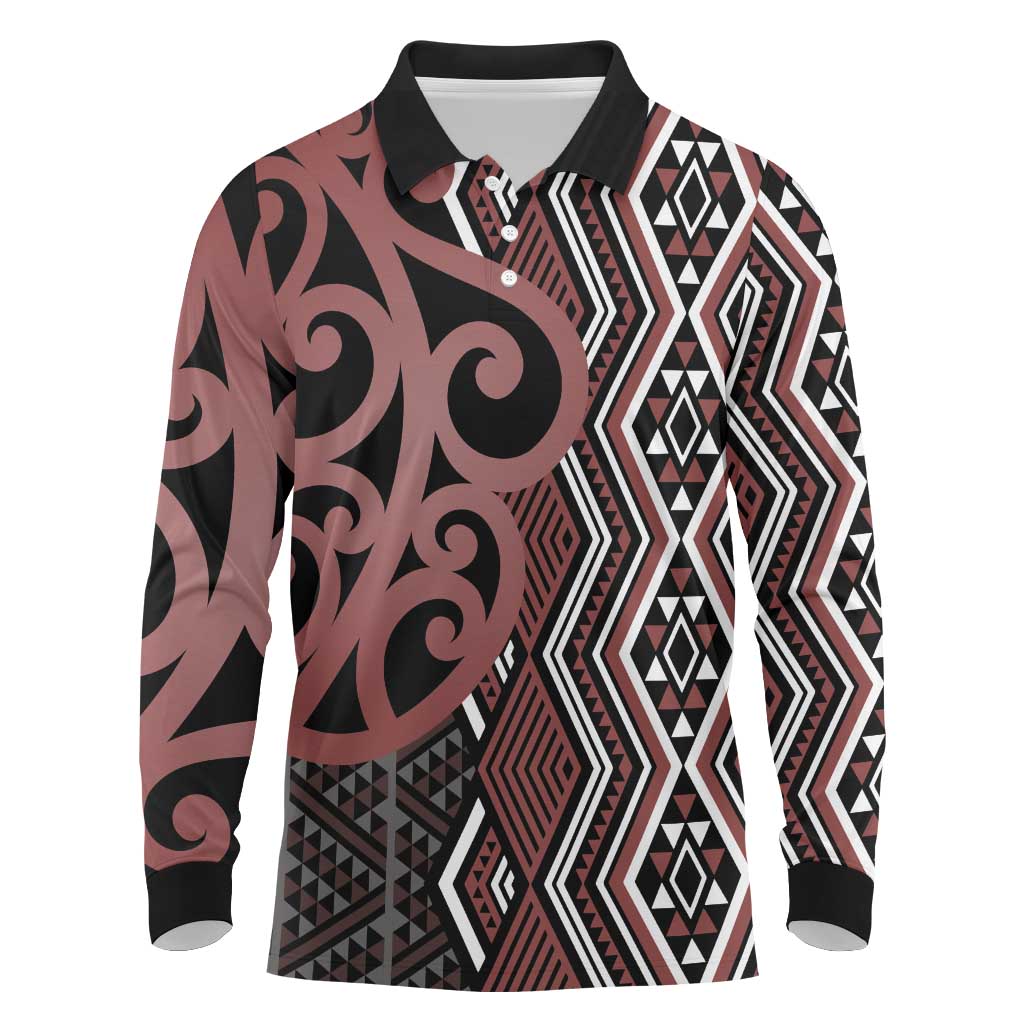 Maori Taniko Patterns Long Sleeve Polo Shirt Brown Patiki Motifs Mix Whakairo Ngaru