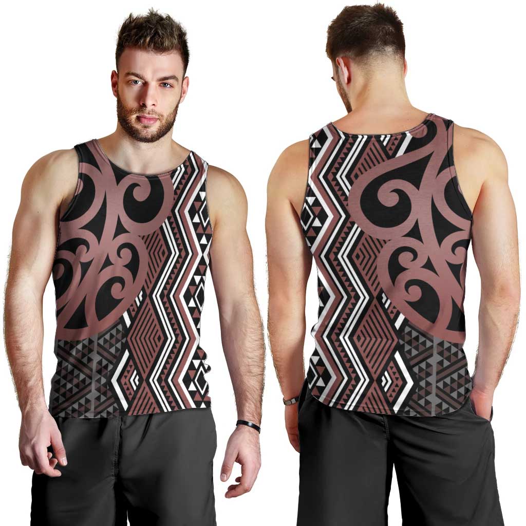 Maori Taniko Patterns Men Tank Top Brown Patiki Motifs Mix Whakairo Ngaru