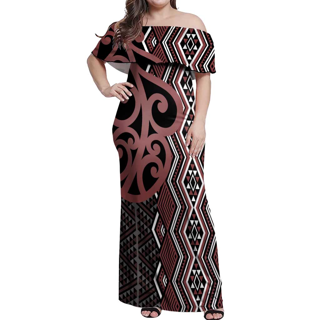 Maori Taniko Patterns Off Shoulder Maxi Dress Brown Patiki Motifs Mix Whakairo Ngaru
