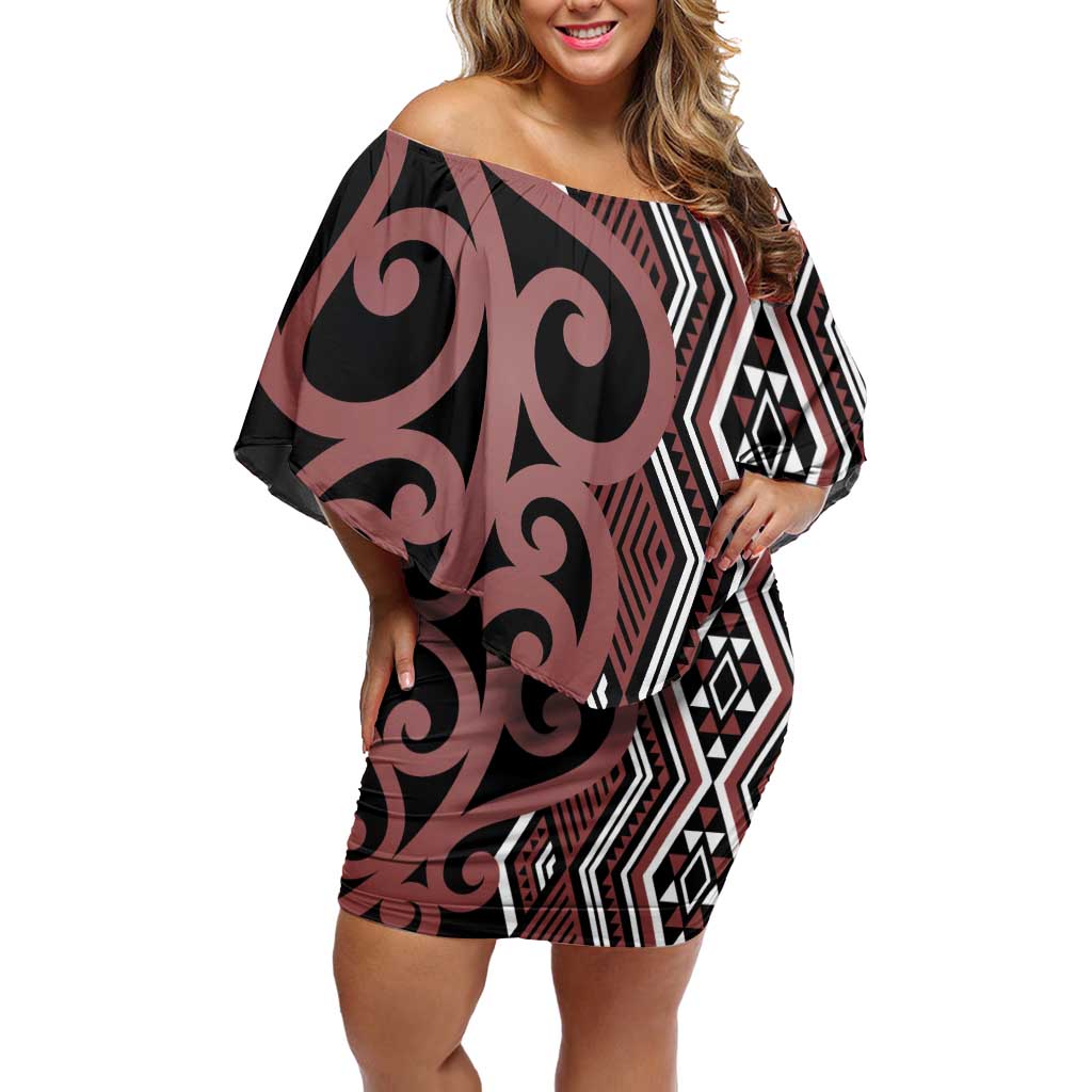 Maori Taniko Patterns Off Shoulder Short Dress Brown Patiki Motifs Mix Whakairo Ngaru