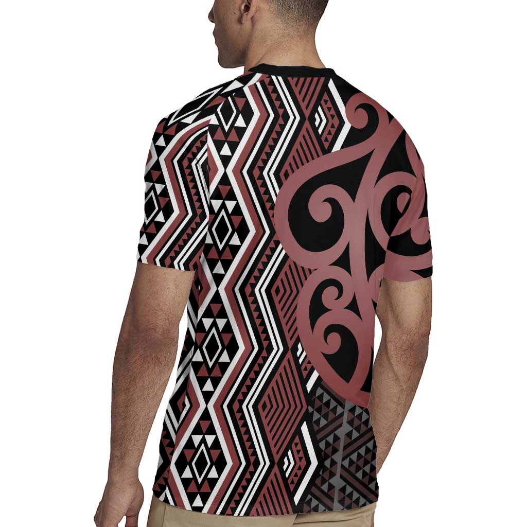 Maori Taniko Patterns Rugby Jersey Brown Patiki Motifs Mix Whakairo Ngaru