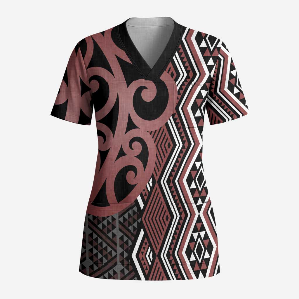 Maori Taniko Patterns Scrub Top Brown Patiki Motifs Mix Whakairo Ngaru LT7 Adult Brown - Polynesian Pride