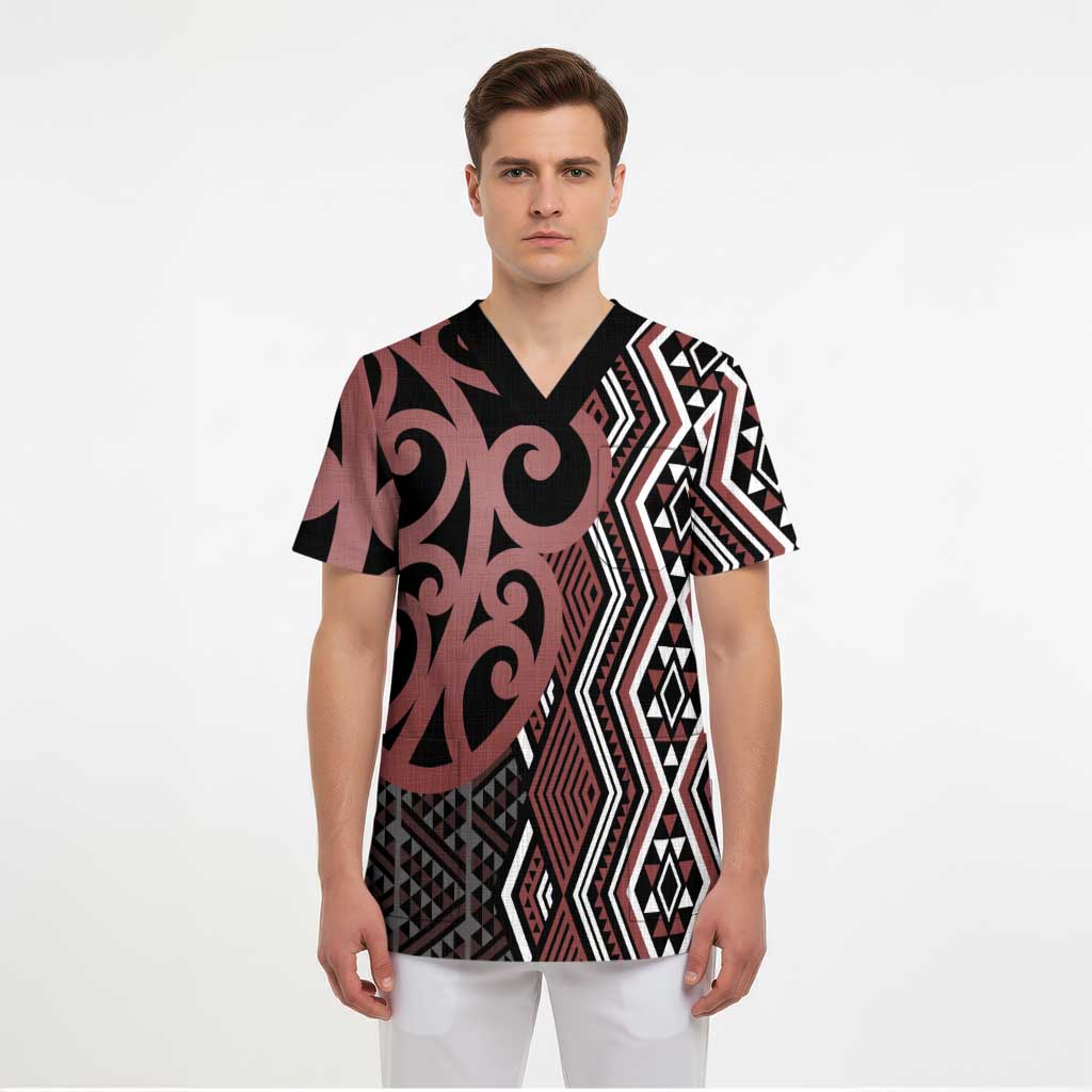 Maori Taniko Patterns Scrub Top Brown Patiki Motifs Mix Whakairo Ngaru - Polynesian Pride