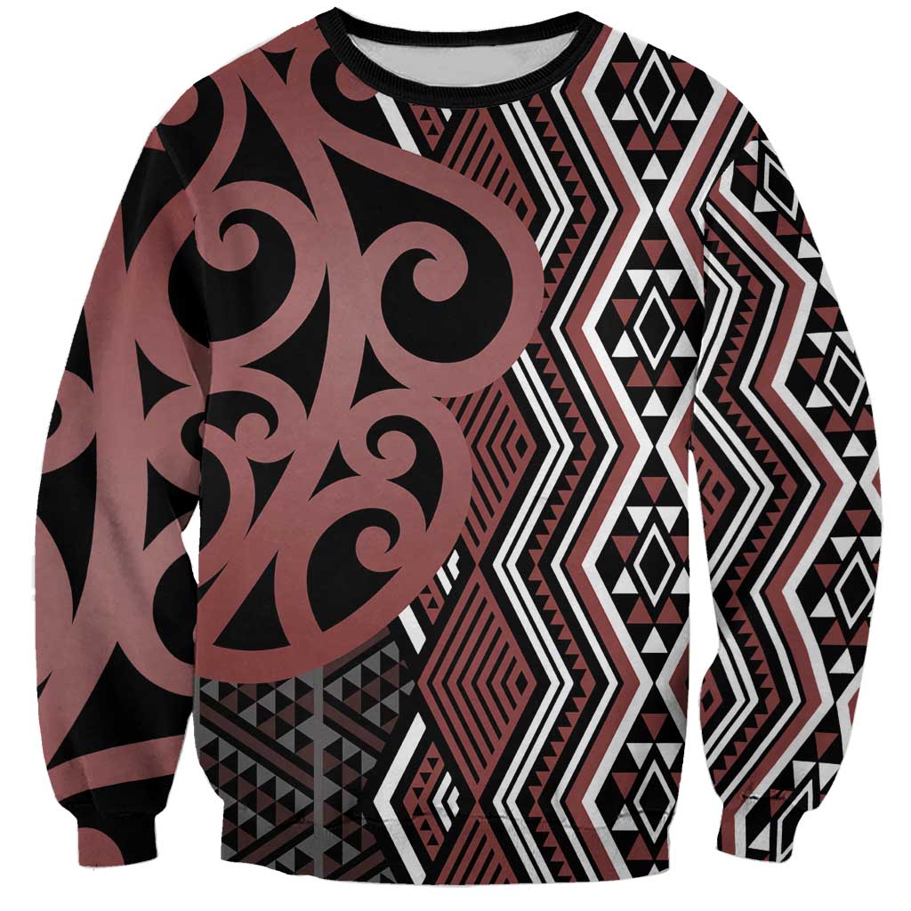 Maori Taniko Patterns Sweatshirt Brown Patiki Motifs Mix Whakairo Ngaru