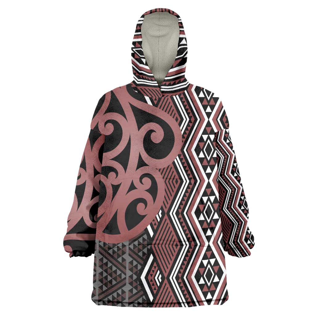 Maori Taniko Patterns Wearable Blanket Hoodie Brown Patiki Motifs Mix Whakairo Ngaru