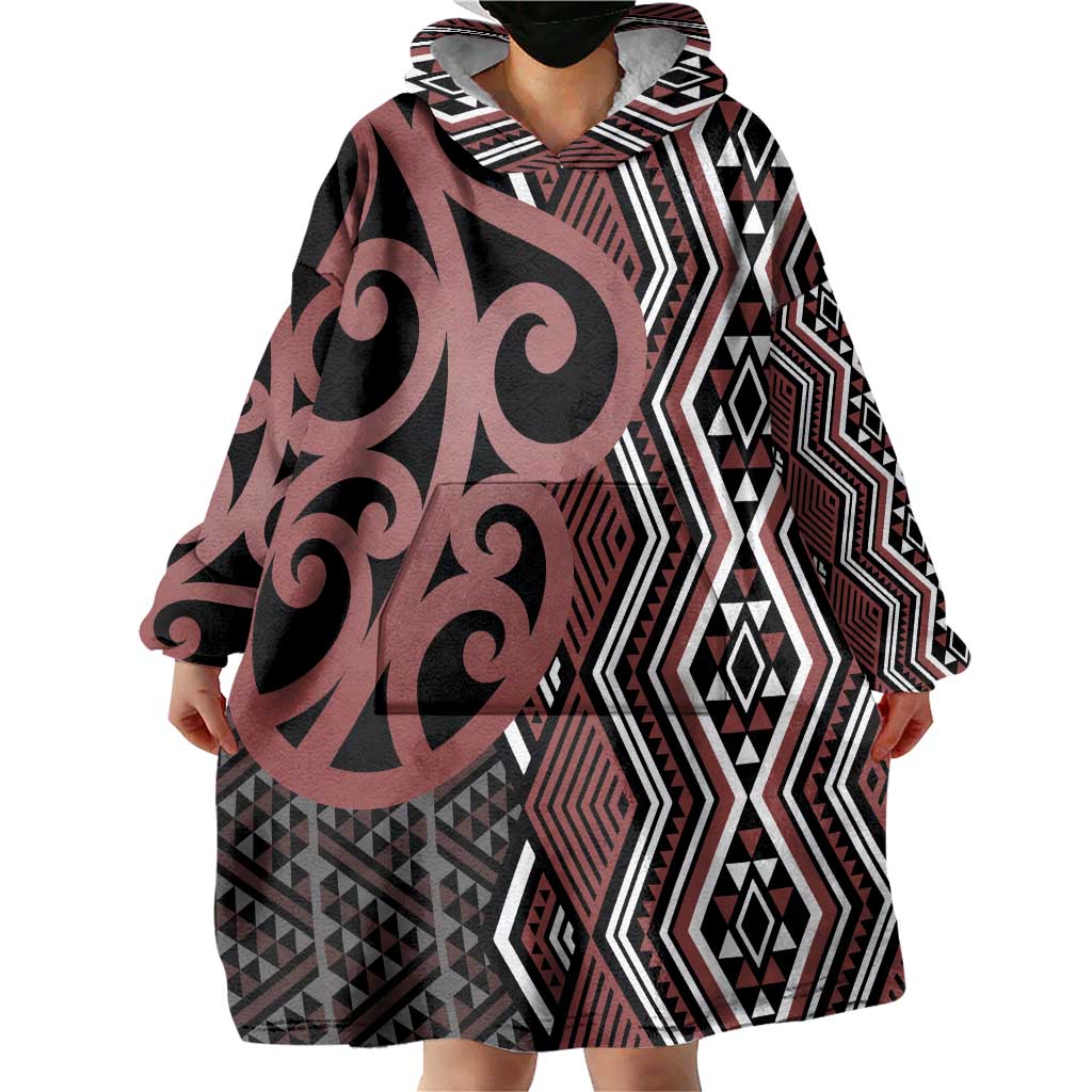 Maori Taniko Patterns Wearable Blanket Hoodie Brown Patiki Motifs Mix Whakairo Ngaru