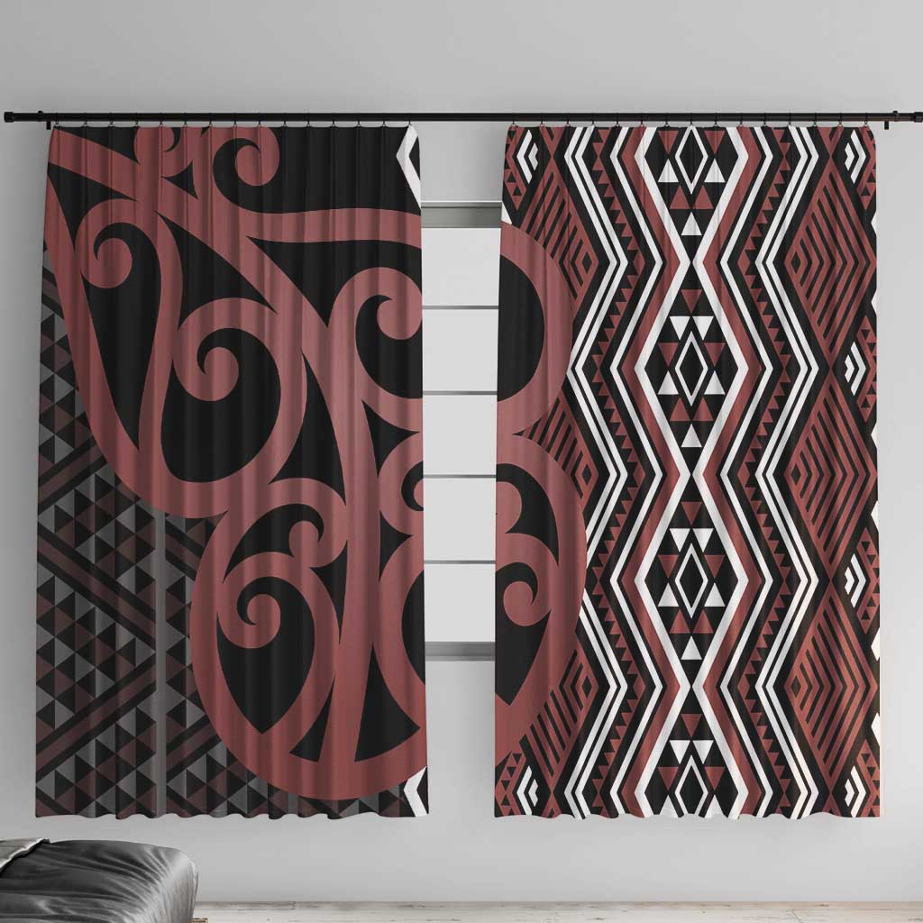 Maori Taniko Patterns Window Curtain Brown Patiki Motifs Mix Whakairo Ngaru LT7 With Hooks Brown - Polynesian Pride