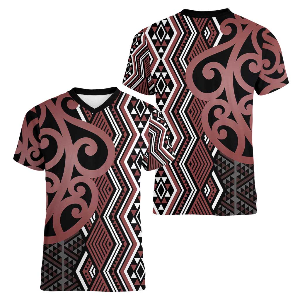 Maori Taniko Patterns Women V-Neck T-Shirt Brown Patiki Motifs Mix Whakairo Ngaru