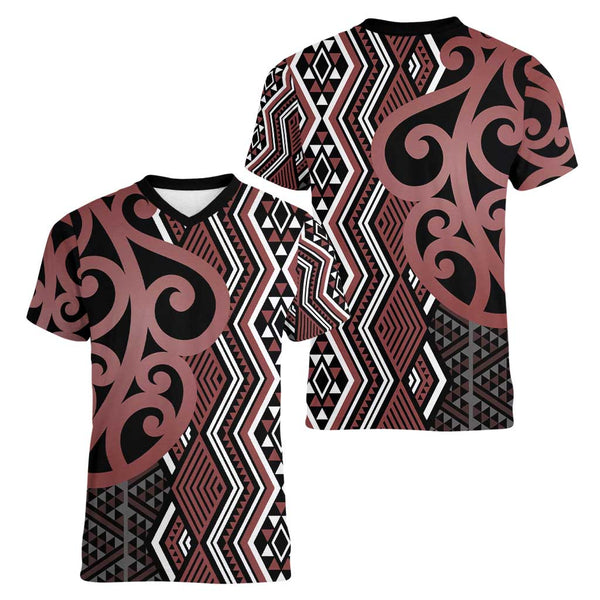 Maori Taniko Patterns Women V-Neck T-Shirt Brown Patiki Motifs Mix ...