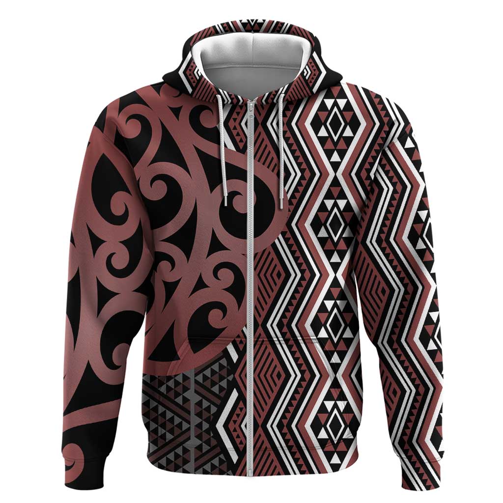 Maori Taniko Patterns Zip Hoodie Brown Patiki Motifs Mix Whakairo Ngaru LT7 Zip Hoodie Brown - Polynesian Pride