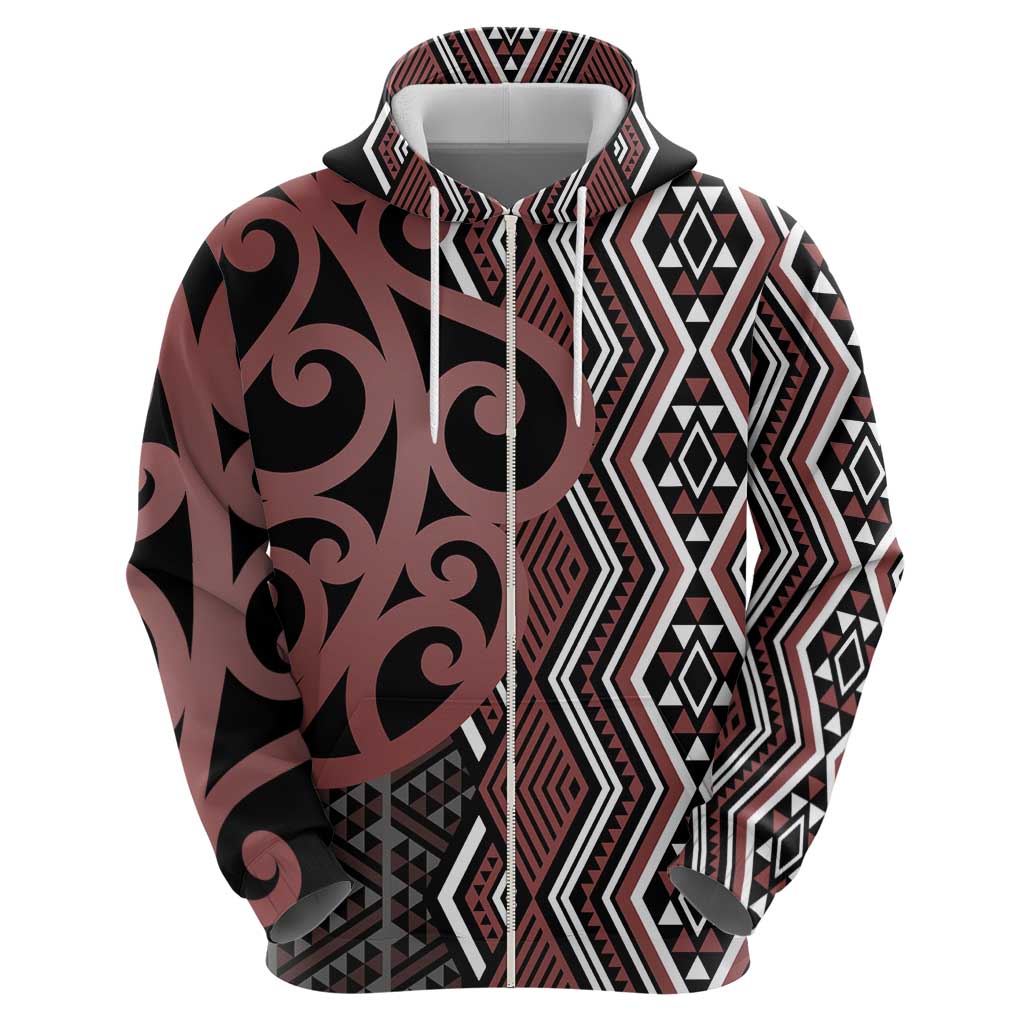 Maori Taniko Patterns Zip Hoodie Brown Patiki Motifs Mix Whakairo Ngaru LT7 - Polynesian Pride