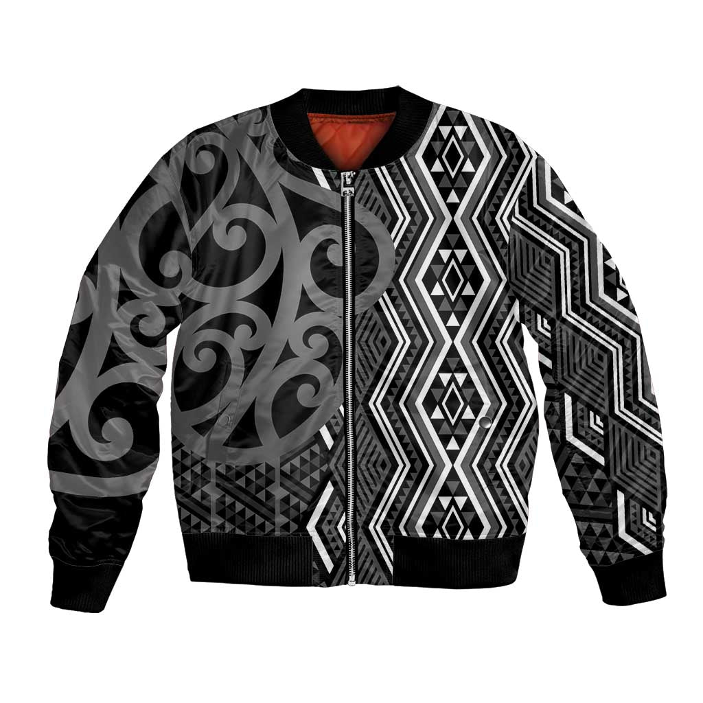 Maori Taniko Patterns Bomber Jacket Black Patiki Motifs Mix Whakairo Ngaru LT7 Unisex Black - Polynesian Pride