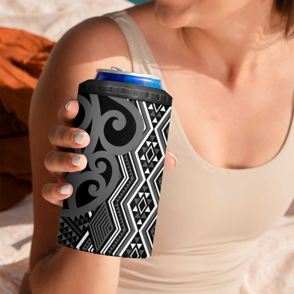 Maori Taniko Patterns 4 in 1 Can Cooler Tumbler Black Patiki Motifs Mix Whakairo Ngaru