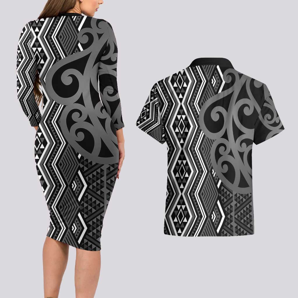 Maori Taniko Patterns Couples Matching Long Sleeve Bodycon Dress and Hawaiian Shirt Black Patiki Motifs Mix Whakairo Ngaru
