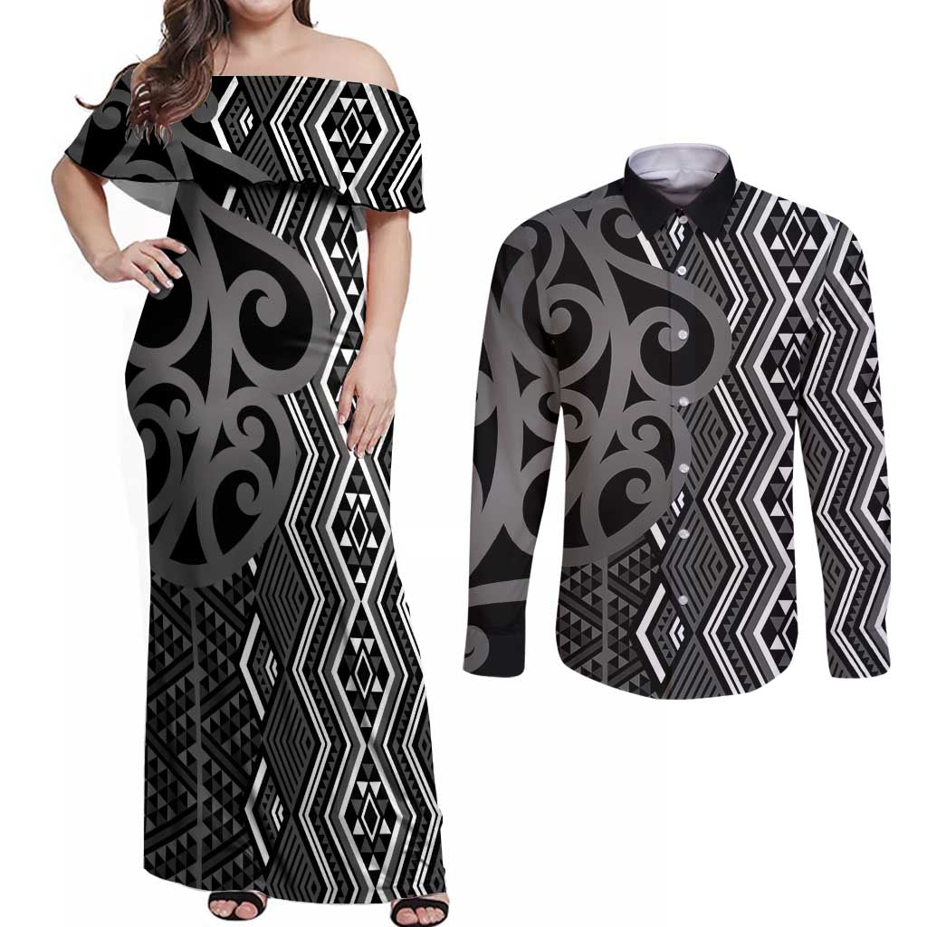 Maori Taniko Patterns Couples Matching Off Shoulder Maxi Dress and Long Sleeve Button Shirt Black Patiki Motifs Mix Whakairo Ngaru
