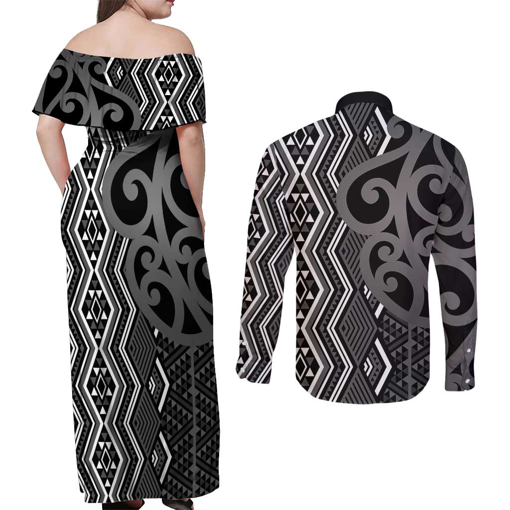 Maori Taniko Patterns Couples Matching Off Shoulder Maxi Dress and Long Sleeve Button Shirt Black Patiki Motifs Mix Whakairo Ngaru