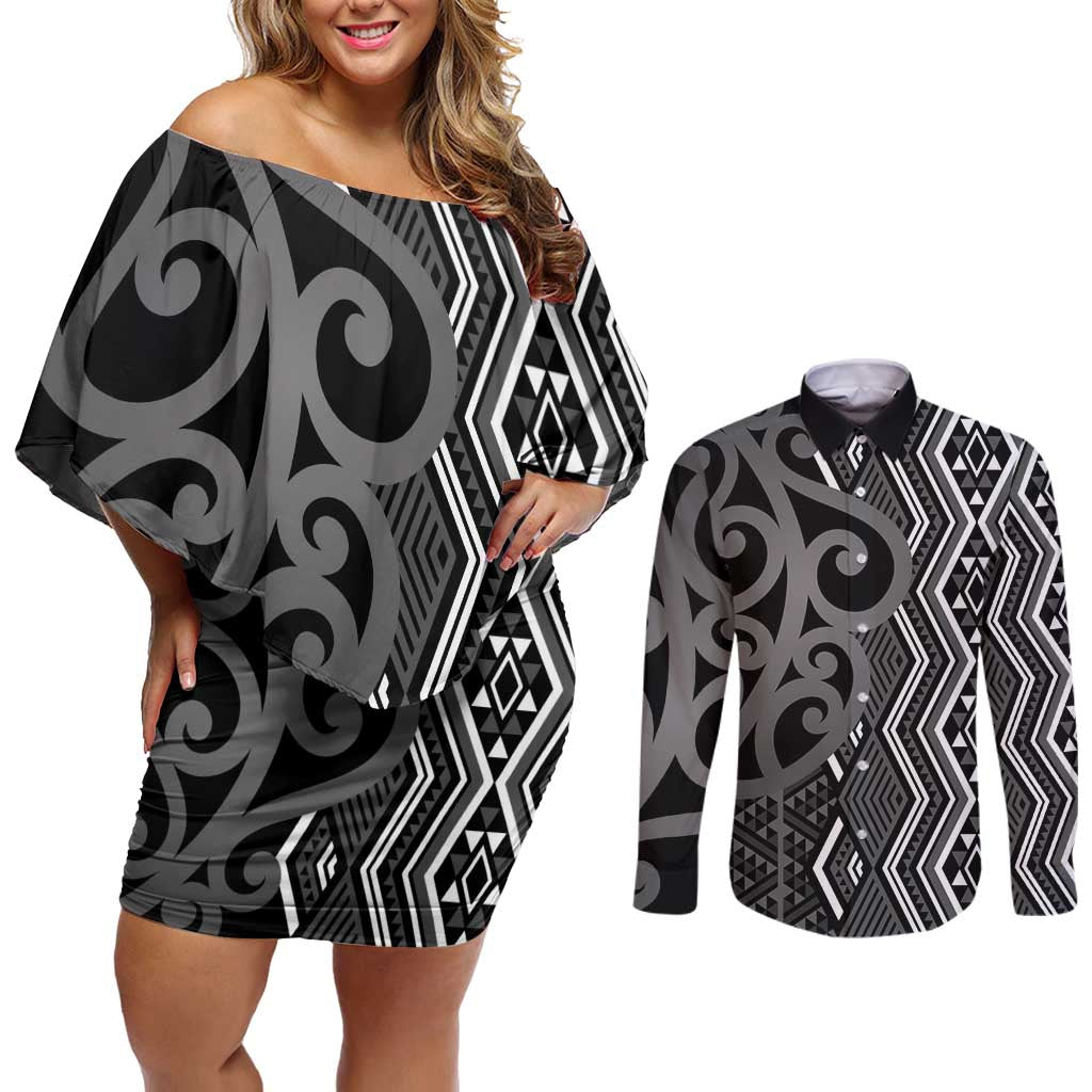 Maori Taniko Patterns Couples Matching Off Shoulder Short Dress and Long Sleeve Button Shirt Black Patiki Motifs Mix Whakairo Ngaru