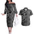 Maori Taniko Patterns Couples Matching Off The Shoulder Long Sleeve Dress and Hawaiian Shirt Black Patiki Motifs Mix Whakairo Ngaru