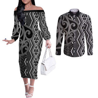Maori Taniko Patterns Couples Matching Off The Shoulder Long Sleeve Dress and Long Sleeve Button Shirt Black Patiki Motifs Mix Whakairo Ngaru