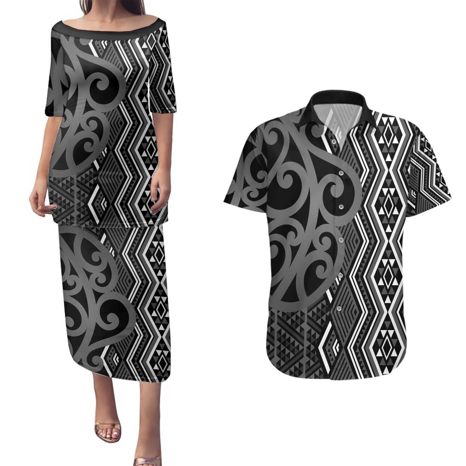 Maori Taniko Patterns Couples Matching Puletasi and Hawaiian Shirt Black Patiki Motifs Mix Whakairo Ngaru