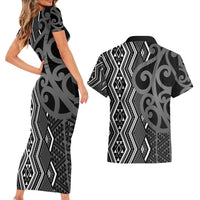 Maori Taniko Patterns Couples Matching Short Sleeve Bodycon Dress and Hawaiian Shirt Black Patiki Motifs Mix Whakairo Ngaru