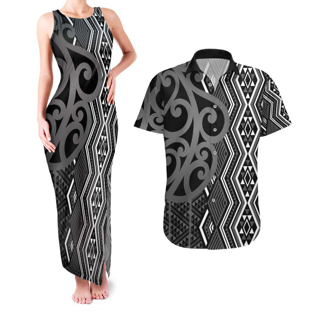 Maori Taniko Patterns Couples Matching Tank Maxi Dress and Hawaiian Shirt Black Patiki Motifs Mix Whakairo Ngaru LT7 Black - Polynesian Pride