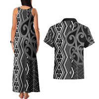 Maori Taniko Patterns Couples Matching Tank Maxi Dress and Hawaiian Shirt Black Patiki Motifs Mix Whakairo Ngaru