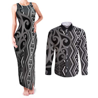 Maori Taniko Patterns Couples Matching Tank Maxi Dress and Long Sleeve Button Shirt Black Patiki Motifs Mix Whakairo Ngaru