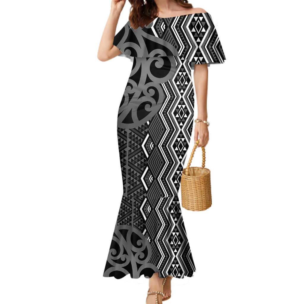 Maori Taniko Patterns Family Matching Mermaid Dress and Hawaiian Shirt Black Patiki Motifs Mix Whakairo Ngaru