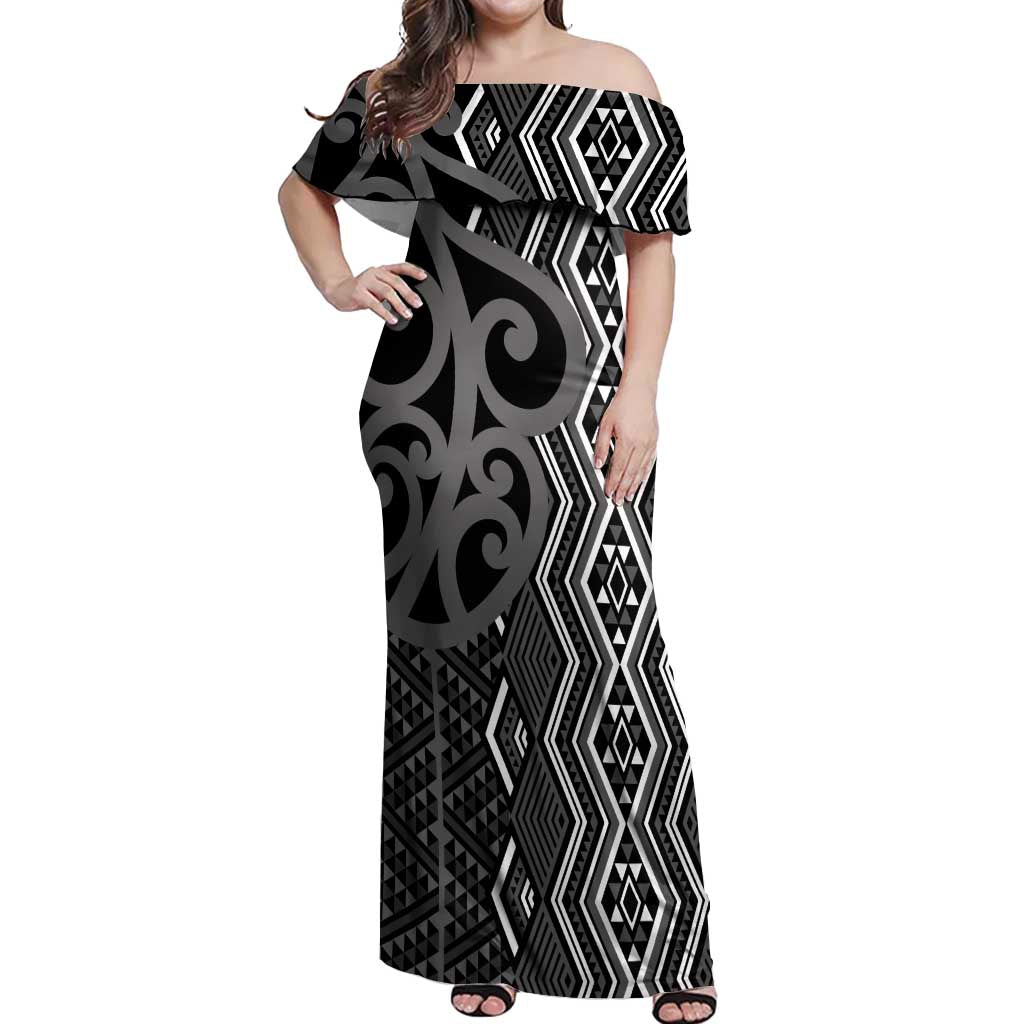 Maori Taniko Patterns Off Shoulder Maxi Dress Black Patiki Motifs Mix Whakairo Ngaru