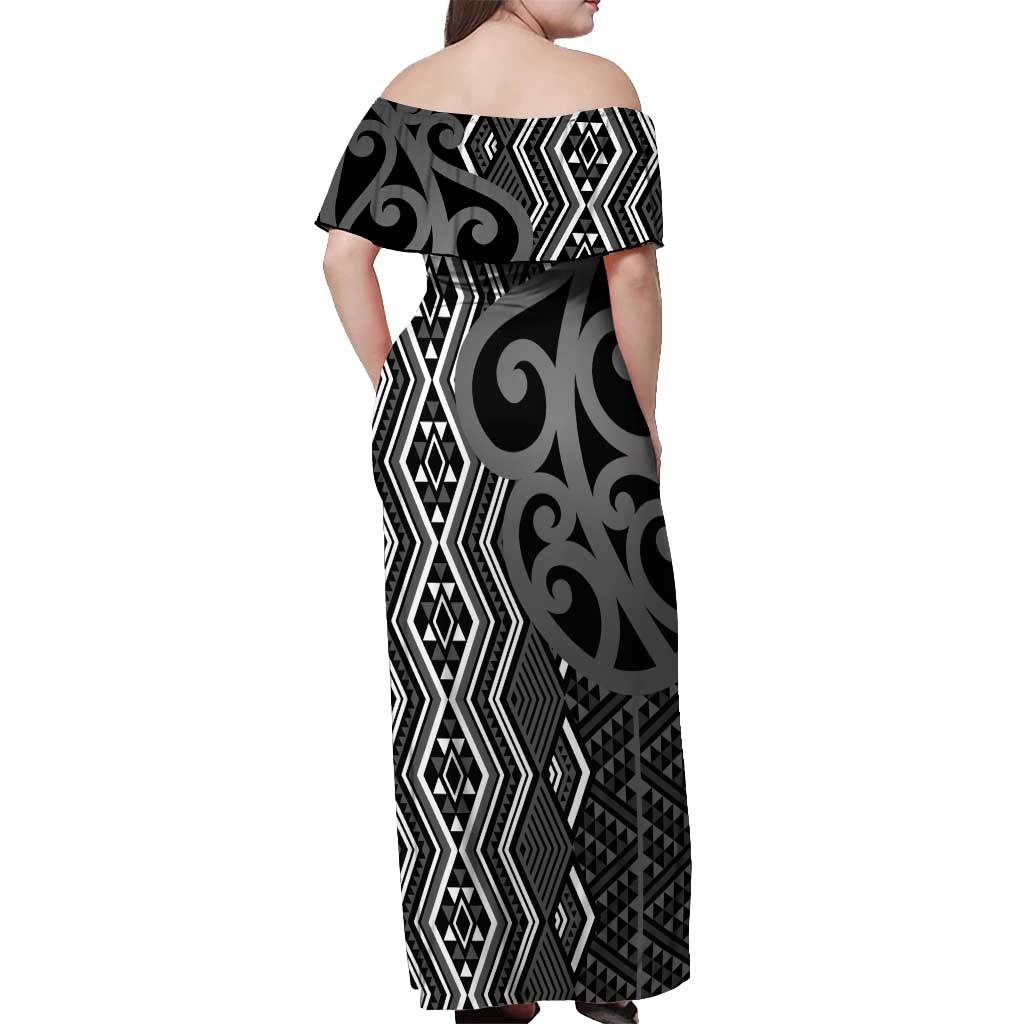 Maori Taniko Patterns Off Shoulder Maxi Dress Black Patiki Motifs Mix Whakairo Ngaru