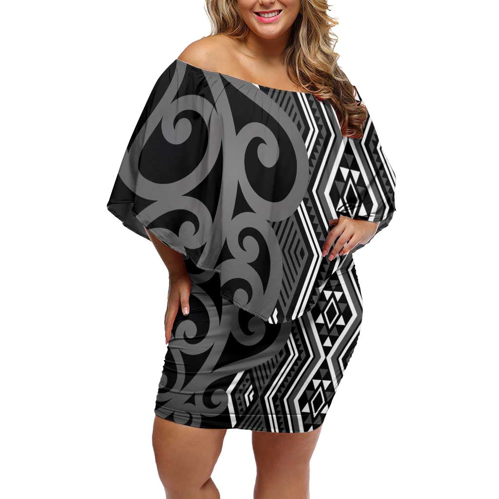 Maori Taniko Patterns Off Shoulder Short Dress Black Patiki Motifs Mix Whakairo Ngaru