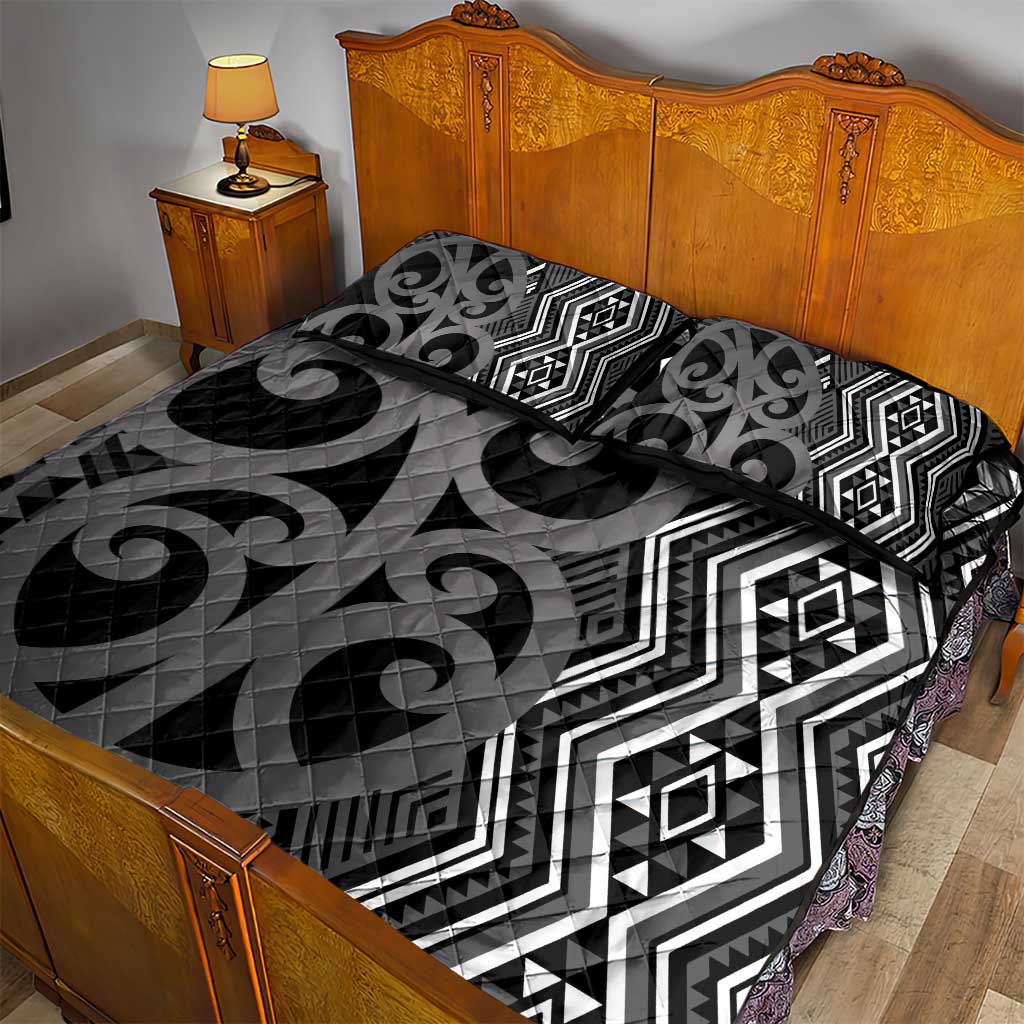 Maori Taniko Patterns Quilt Bed Set Black Patiki Motifs Mix Whakairo Ngaru
