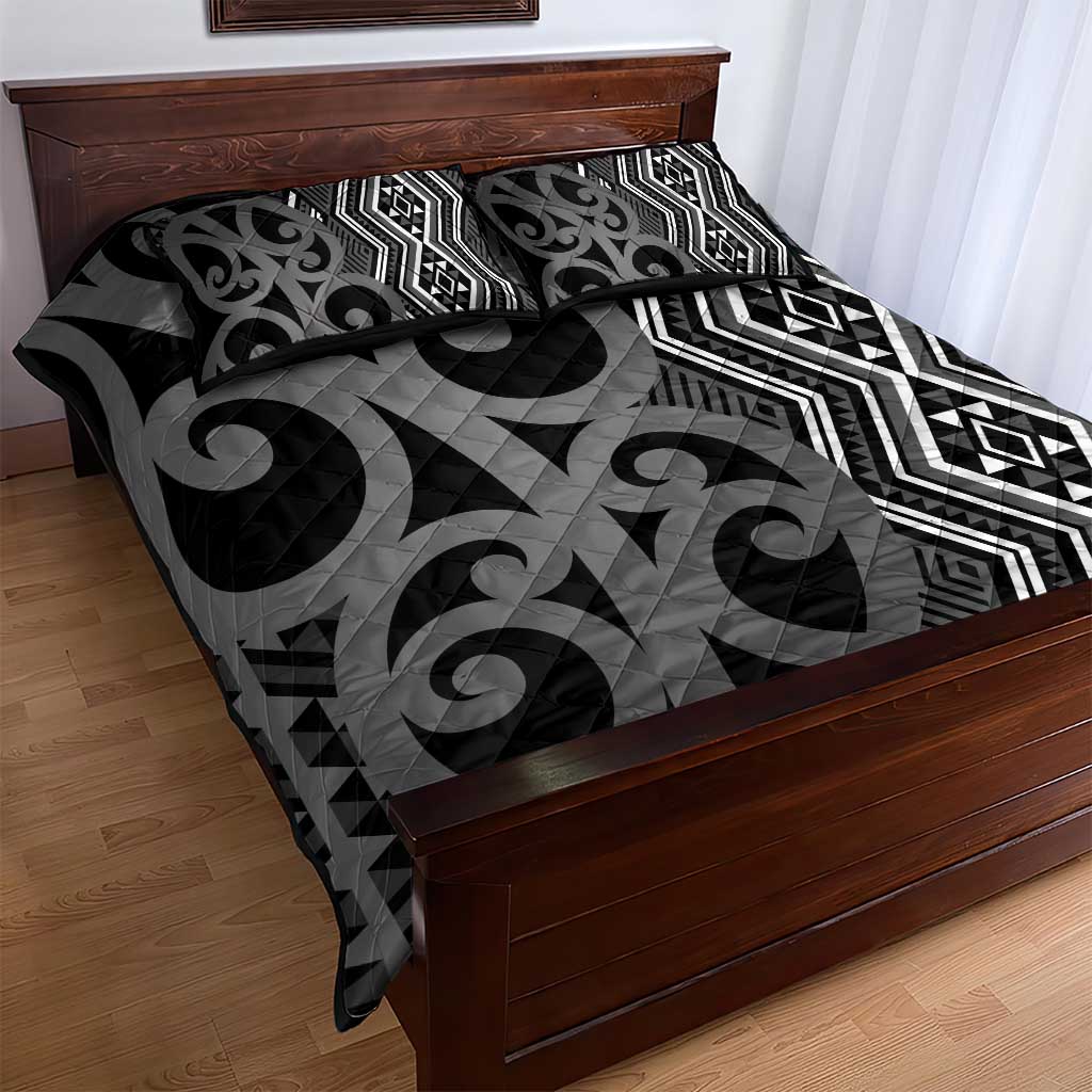 Maori Taniko Patterns Quilt Bed Set Black Patiki Motifs Mix Whakairo Ngaru