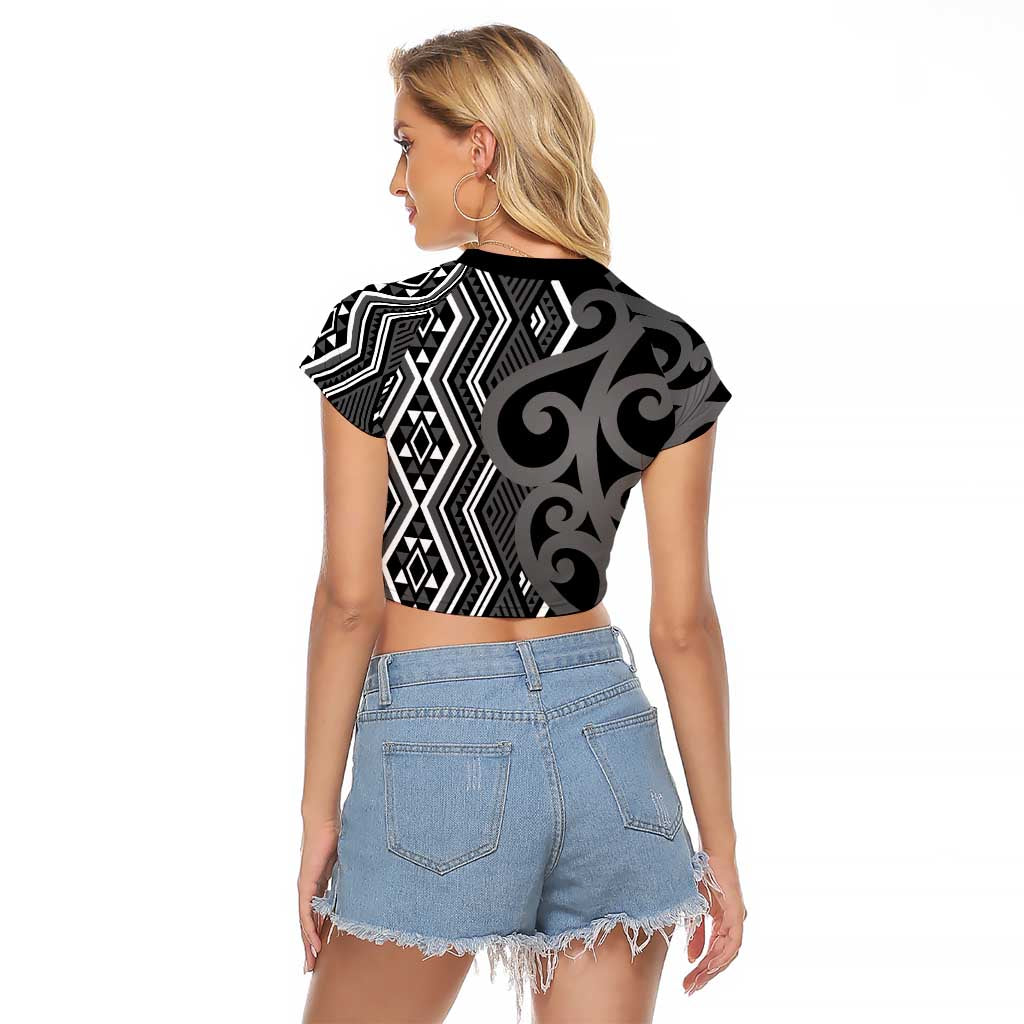 Maori Taniko Patterns Raglan Cropped T Shirt Black Patiki Motifs Mix Whakairo Ngaru