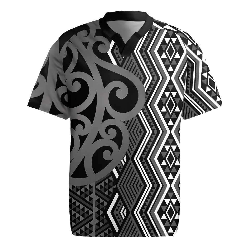 Maori Taniko Patterns Rugby Jersey Black Patiki Motifs Mix Whakairo Ngaru